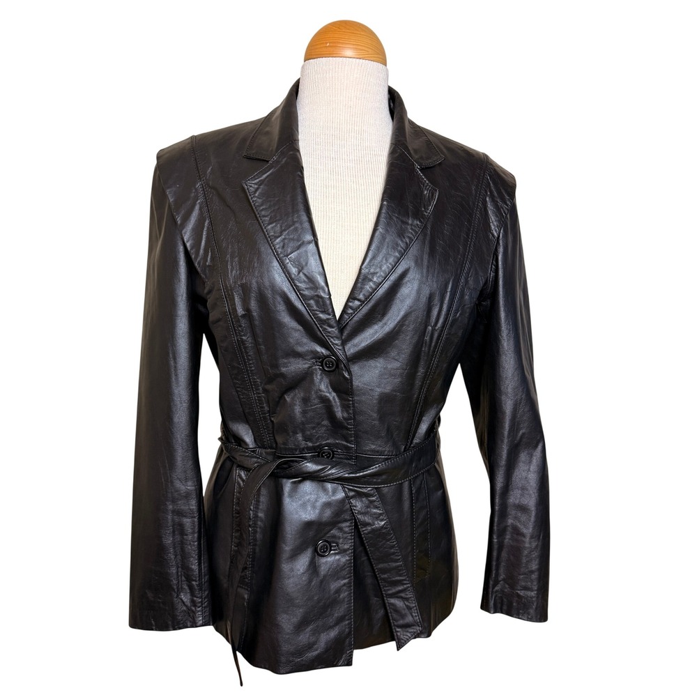 VTG Bermans Leather Blazer Jacket Womens 14 Black Belted Removable Liner 80-90s